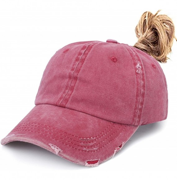 Baseball Caps Women Washed Cotton High Ponytail Baseball Cap - C06-distressed Red - CQ18T0K3CUD