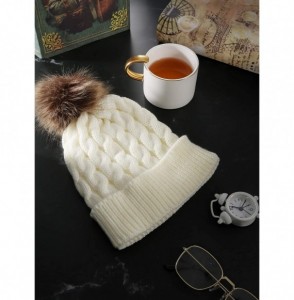 Skullies & Beanies Women's Winter Knitted Beanie Hat with Faux Fur Pom Slouchy Hat and Full Finger Knitted Gloves - White Hat...