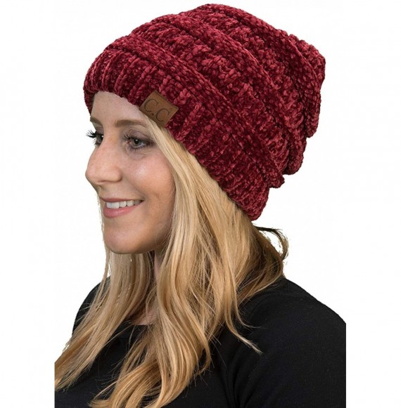 Skullies & Beanies Solid Ribbed Beanie Slouchy Soft Stretch Cable Knit Warm Skull Cap - A Chenille Burgundy - CZ18EQYD5A8