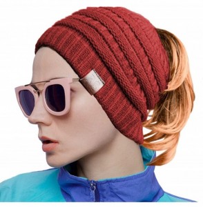 Skullies & Beanies Women Ponytail Beanie Messy Bun Style Hat Stretchy Cable Knit Wool Slouchy Skull Winter - Red - CH18L7SOWQW