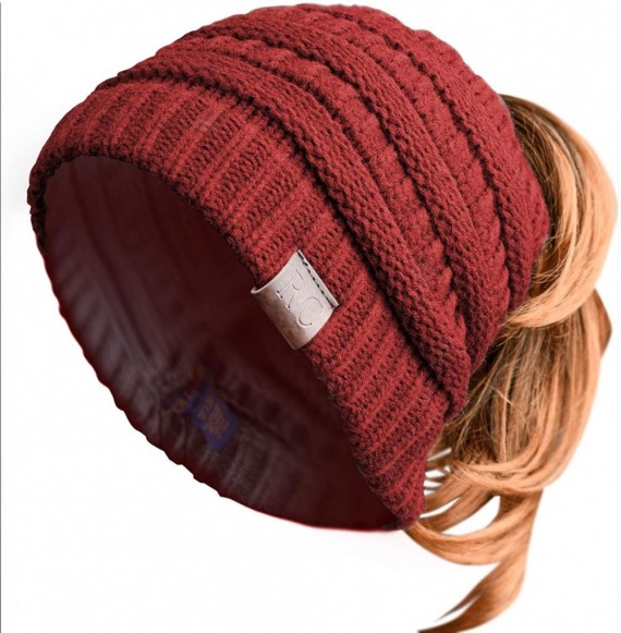 Skullies & Beanies Women Ponytail Beanie Messy Bun Style Hat Stretchy Cable Knit Wool Slouchy Skull Winter - Red - CH18L7SOWQW