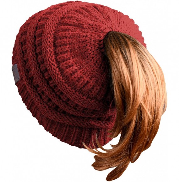 Skullies & Beanies Women Ponytail Beanie Messy Bun Style Hat Stretchy Cable Knit Wool Slouchy Skull Winter - Red - CH18L7SOWQW