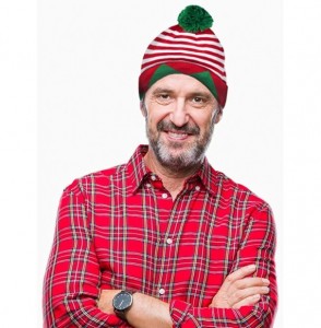 Skullies & Beanies Christmas Beanie Hat - 2-Pack Santa Elf Pom Pom Cuffed Fold Beanie- Red Green and White- Adults - CN18EIIW2EW