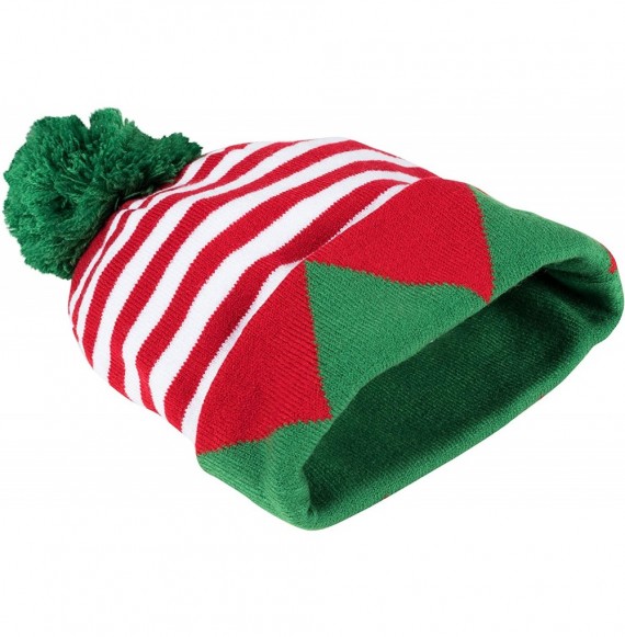 Skullies & Beanies Christmas Beanie Hat - 2-Pack Santa Elf Pom Pom Cuffed Fold Beanie- Red Green and White- Adults - CN18EIIW2EW