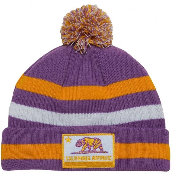 Skullies & Beanies California Republic Patch Striped Beanie w/Pom - Purple/Gold - CS11J1I30KL