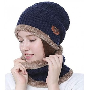 Skullies & Beanies Winter Hat 2-Pieces Warm Knitted Hat and Circle Scarf Set Outdoors Scarf Beanie Skull Cap for Winter - Nav...