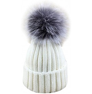 Skullies & Beanies Womens Girls Knitted Fur Hat Real Large Silver Fox Fur Pom Pom Beanie Hats - C2183MU83ZH