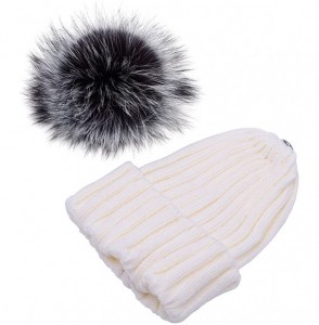 Skullies & Beanies Womens Girls Knitted Fur Hat Real Large Silver Fox Fur Pom Pom Beanie Hats - C2183MU83ZH