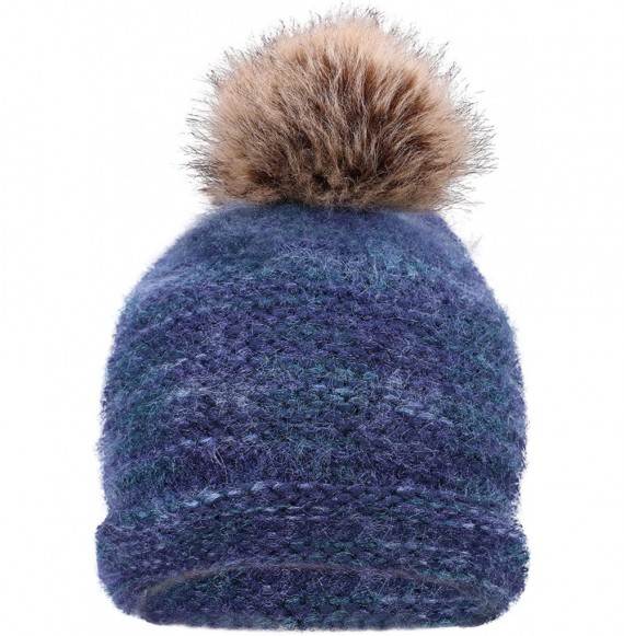 Skullies & Beanies Women's Ultra-Soft Faux Fur Pompom Multicolor Knit Winter Beanie - Mix Blue - CI188TU4WZ5