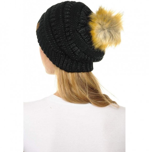 Skullies & Beanies Hat-43 Thick Warm Cap Hat Skully Faux Fur Pom Pom Cable Knit Beanie - Metallic Black - CV18X7SWQMD