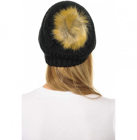 Skullies & Beanies Hat-43 Thick Warm Cap Hat Skully Faux Fur Pom Pom Cable Knit Beanie - Metallic Black - CV18X7SWQMD