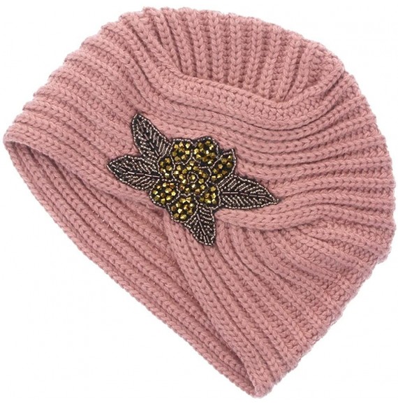 Skullies & Beanies Women's Knit Crystal Bead Decorated Ribbed Turban - Dusty Rose - C511QP9B22R