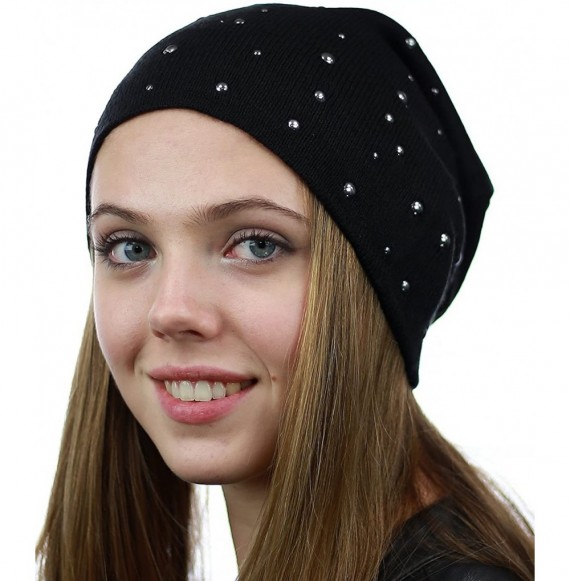 Skullies & Beanies Unisex Comfort & Warm Knit Studded Slouchy Beanie Hat - Black - C812HTOVKW3