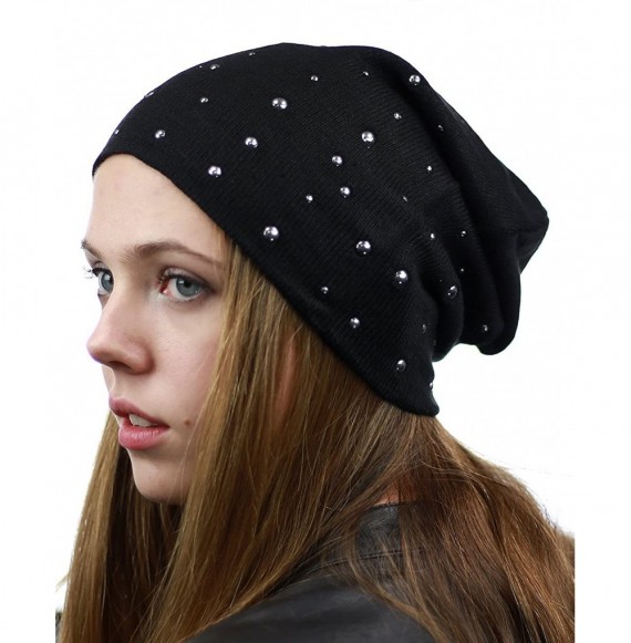 Skullies & Beanies Unisex Comfort & Warm Knit Studded Slouchy Beanie Hat - Black - C812HTOVKW3