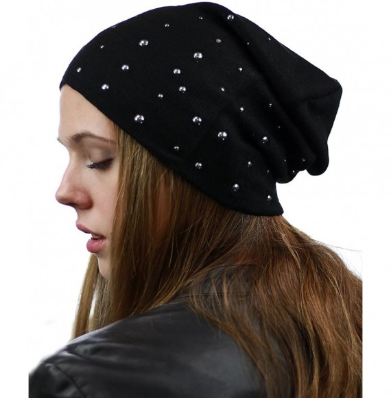 Skullies & Beanies Unisex Comfort & Warm Knit Studded Slouchy Beanie Hat - Black - C812HTOVKW3