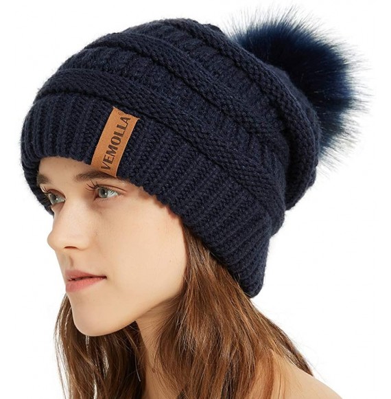 Skullies & Beanies Womens Winter Knit Slouchy Beanie Chunky Hats Bobble Hat Ski Cap with Faux Fur Pompom - Navy - CQ18YMD0Q23