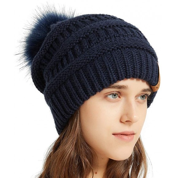 Skullies & Beanies Womens Winter Knit Slouchy Beanie Chunky Hats Bobble Hat Ski Cap with Faux Fur Pompom - Navy - CQ18YMD0Q23