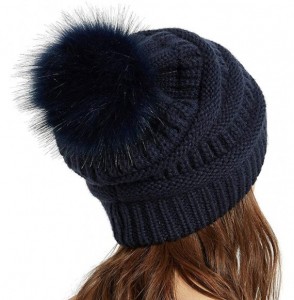 Skullies & Beanies Womens Winter Knit Slouchy Beanie Chunky Hats Bobble Hat Ski Cap with Faux Fur Pompom - Navy - CQ18YMD0Q23