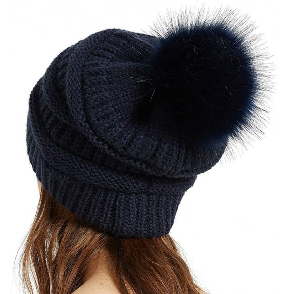 Skullies & Beanies Womens Winter Knit Slouchy Beanie Chunky Hats Bobble Hat Ski Cap with Faux Fur Pompom - Navy - CQ18YMD0Q23