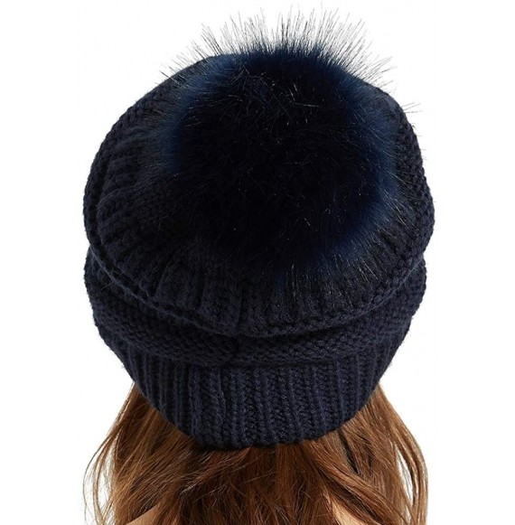 Skullies & Beanies Womens Winter Knit Slouchy Beanie Chunky Hats Bobble Hat Ski Cap with Faux Fur Pompom - Navy - CQ18YMD0Q23