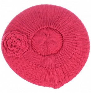 Berets Womens Fall Winter Ribbed Knit Beret Double Layers with Flower - Fuschia - CV18U8A0O0L